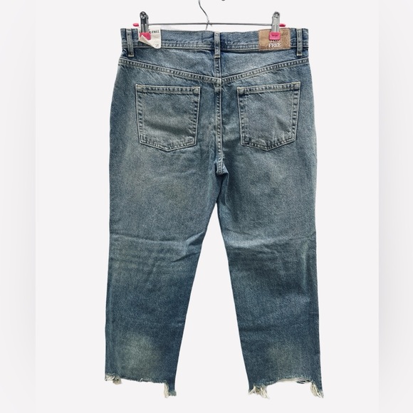 Free People Jeans Blue Maggie Distressed Raw Hem Mid Rise Straight Leg Size 29 - Picture 8 of 13